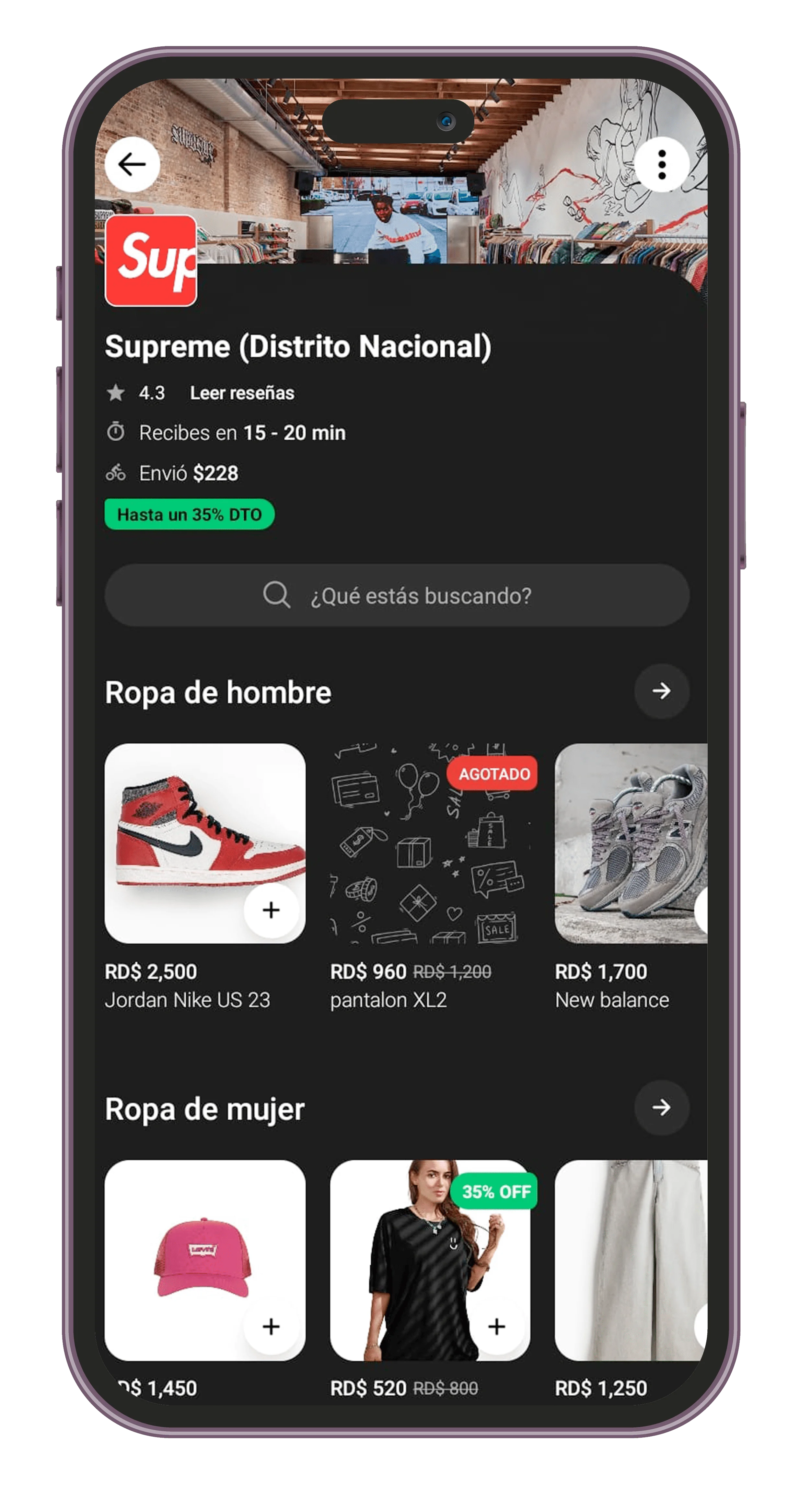 App FLOU en iPhone mostrando categorías y productos