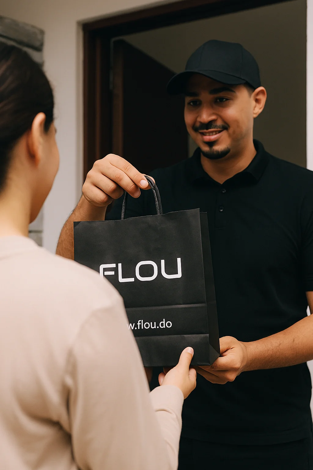 Conductor de FLOU entregando pedido a domicilio