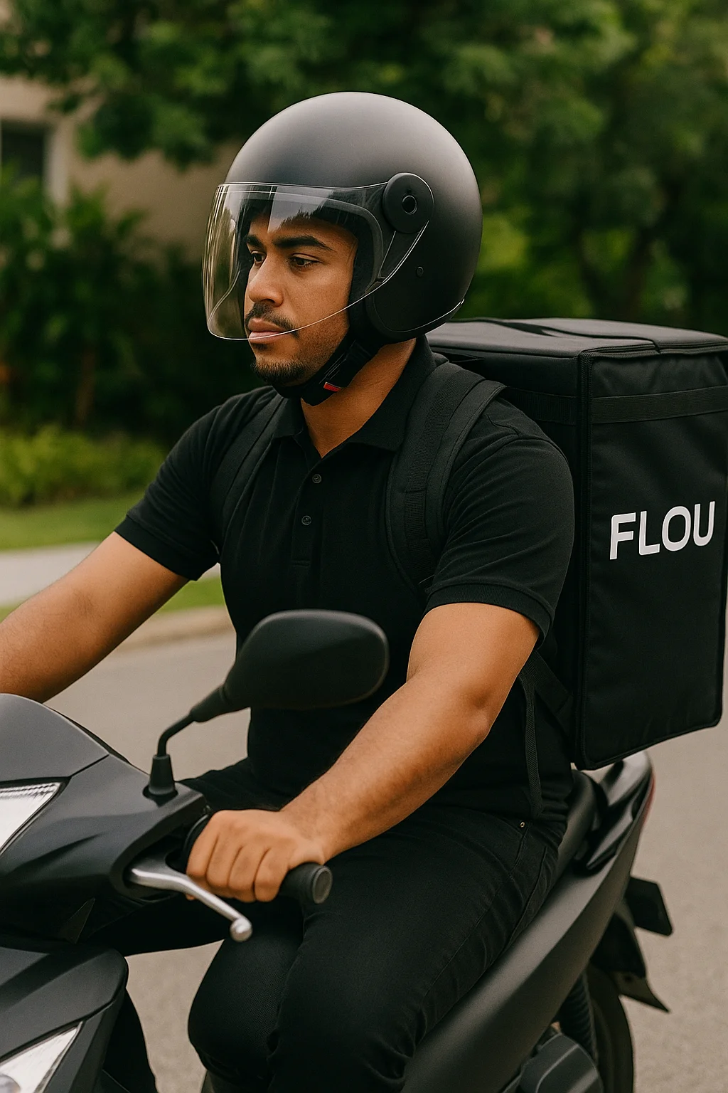 Conductor de FLOU transportando tu pedido en moto